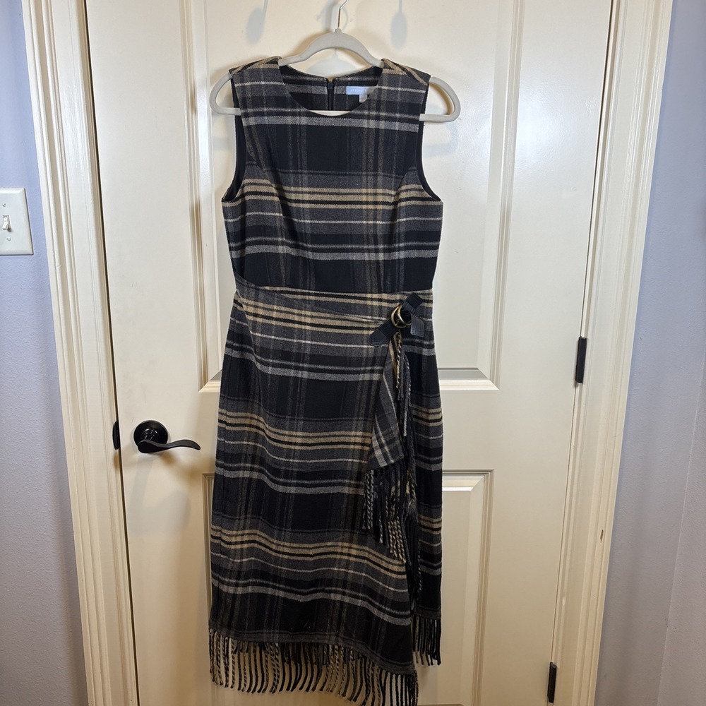 Antonio Melani Tula Plaid Print Wrap Front Fringe Hem Midi Dress Sz 6 Old Money